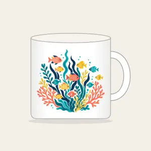 Tropical Fish School and Seaweed on Navy Mug in white: A school of small tropical fish and seaweed in coral, yellow and teal swims on navy.