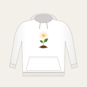 Seedling Reaching for Sunbeams Hoodie in white: A young seedling stretches toward warm sunbeams in cream, green and brown.