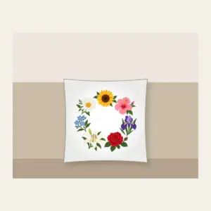 Weekly Seven Flower Border Pillow in white: A border of seven small, different flowers, one for each day, surrounds an open centre.