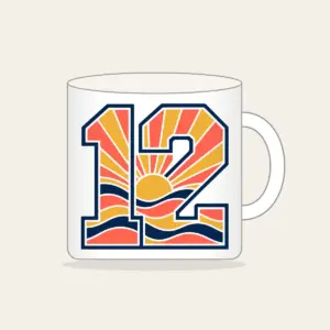 Sunrise Bands Number 12 Mug in white: Sunrise bands in coral, gold and navy with the number “12” and no other text.
