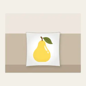 Butter Yellow Pear with Olive Leaf Pillow in white: A stylized butter-yellow pear with an olive leaf and a small cream highlight, drawn in a clean, rounded outline.