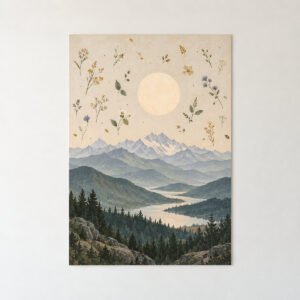 Botanical Mountain Poster with a layered mountain landscape with a pale sun and small botanical stamps scattered in the sky
