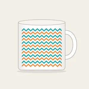 Teal and Orange Zigzag Trail Mug in white: Zigzag trail lines in teal and orange race across a white ground.