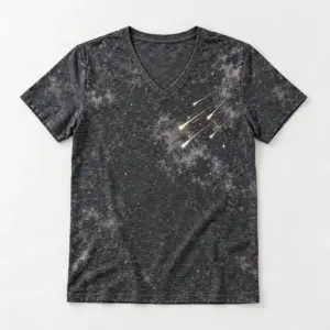 Bleached Meteor Shower V-Neck Tee with compact chest print of five meteors with thin tails in cream and gold crossing a faint bleached-look night sky