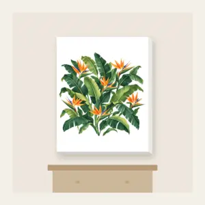 Banana Leaves and Birds-of-Paradise Canvas Print in white: Banana leaves and birds-of-paradise flowers in green and orange on cream.