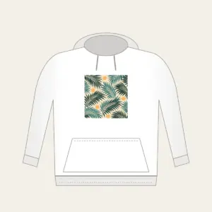 Palm Frond Shadows on Sand Hoodie in white: A repeat of palm frond shadows in teal and deep green on a sandy cream base, with small sun circles.