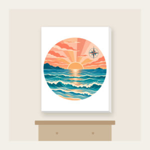 Coastal Sunrise Bands with a Compass Rose Canvas Print in white: Bands of peach, coral and teal show a coastal sunrise, with tiny waves and a small compass rose.
