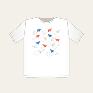Paper Planes on Dotted Trails T-Shirt in white: Little paper planes trail dotted paths in blue, coral and cream.