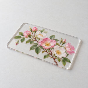 Wild Rose Acrylic Card with a wild rose branch with blossoms in pink and white with green leaves
