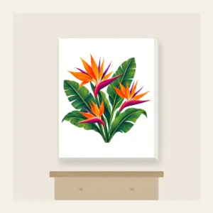 Bird of Paradise and Banana Leaves Canvas Print in white: Orange and magenta bird of paradise flowers with banana leaves stand on cream.
