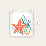 Starfish, Spiral Shell and Sea Grass Mug in white: A starfish, a spiral shell and a sprig of sea grass in coral, cream and teal.