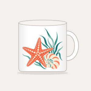 Starfish, Spiral Shell and Sea Grass Mug in white: A starfish, a spiral shell and a sprig of sea grass in coral, cream and teal.