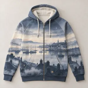 Harbour Mist Men's Heavy Fleece Raglan Zip Hoodie with all-over harbour skyline of rooftops and masts in slate blue, grey and cream with soft mist gradients and a tiny star, raglan sleeves with pocket