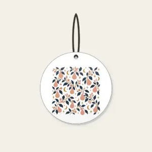 Pear Branches and Crescent Moons Ceramic Ornament in white: Pear branches, tiny crescent moons and stars repeat in dusty rose, gold and deep navy.