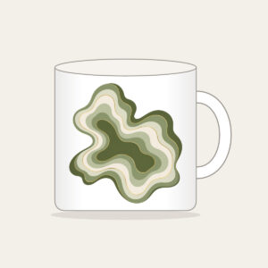 Moss Contour Lines with a Gold Thread Mug in white: Moss contour lines in olive, sage and cream are traced with one thin gold line.