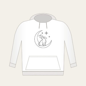 Line-Art Rabbit on a Crescent Moon Hoodie in white: A white line-art rabbit sitting on a crescent moon with three stars.