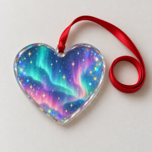 Aurora Heart Glass Ornament with a heart with a northern lights gradient in teal, violet and pink and tiny gold stars over a star hologram back
