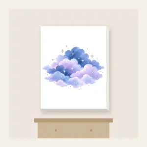 Dusk Clouds with Tiny Silver Stars Canvas Print in white: Gentle clouds in dusk blue and lilac are dotted with tiny silver stars.