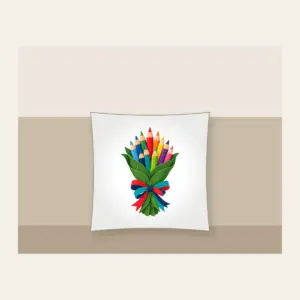 Pencil Bouquet Pillow in white: Colored pencils gathered like a bouquet in a green leaf wrapping with a red, teal and navy ribbon.