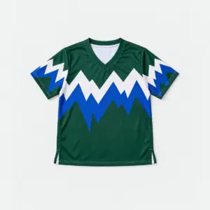 Zigzag Peak Youth V-Neck Jersey with zigzag mountain peaks in cobalt and white over a deep green base