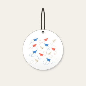 Paper Planes on Dotted Trails Ceramic Ornament in white: Little paper planes trail dotted paths in blue, coral and cream.