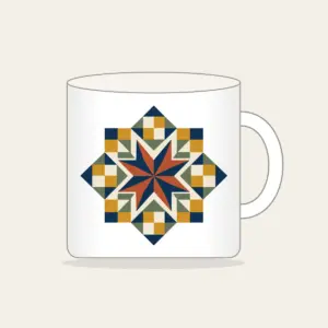 Star Medallion Patchwork Mug in white: An eight-point star medallion in navy, cream and rust with mustard and sage patchwork squares.