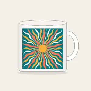 Sunrise Lines in Coral and Gold on Teal Mug in white: All-over sunrise lines in coral, gold and white on a teal ground.
