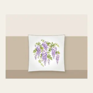 Cascading Wisteria Blossoms Pillow in white: Lilac wisteria blossoms cascade across a pale ground, threaded with fresh green leaves.