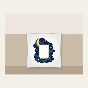 Starry Navy Sky with an Open Center Pillow in white: A deep-blue sky of tiny stars and a crescent surrounds an empty central rectangle.