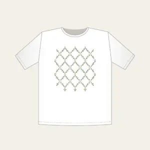Sage Lattice Diamonds with Tiny Blossoms T-Shirt in white: A lattice of diamonds in sage and cream is dotted with tiny blossoms.
