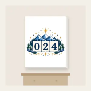 Mountain and Star Border with 024 Canvas Print in white: A border of mountains and stars surrounds a three-digit counter reading 024.