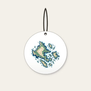 Topographic Coastline and Islands Map Ceramic Ornament in white: Topographic contours of a coastline and islands in navy, sea green and sand on cream.