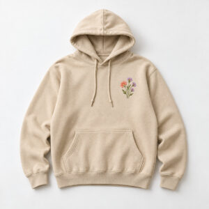 Embroidered Wildflower Hoodie with small embroidered flower cluster, with the approved local image showing four blossoms