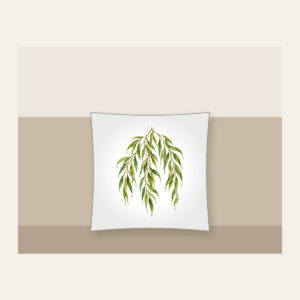 Weeping Willow Branches with Dewdrops Pillow in white: Weeping willow branches in green and gold carry tiny dewdrops and small leaf pendants.