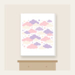 Lilac Cloud Rows Canvas Print in white: Rows of clouds in lilac, blush and cream with small stars between.