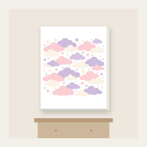 Lilac Cloud Rows Canvas Print in white: Rows of clouds in lilac, blush and cream with small stars between.