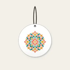 Petal Mosaic Kaleidoscope Ceramic Ornament in white: Symmetrical petal mosaics in coral, teal, mustard and cream.