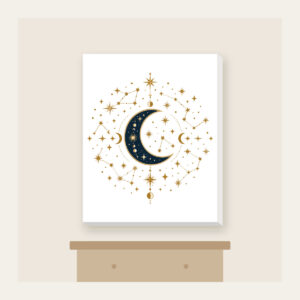 Gilded Constellations and Crescent Moons Canvas Print in white: Cream and gold constellations and crescent moons drift across a deep navy sky.