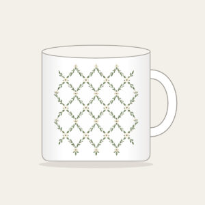 Sage Lattice Diamonds with Tiny Blossoms Mug in white: A lattice of diamonds in sage and cream is dotted with tiny blossoms.