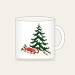 Red Sled on a Snowy Hill Mug in white: A small red sled on a snowy hill beside a tall pine in cream, red and green.