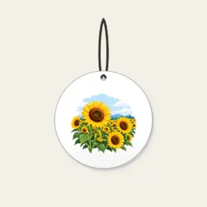 Sunflower Field Under a Pale Sky Ceramic Ornament in white: A field of yellow and brown sunflowers beneath a pale blue sky.