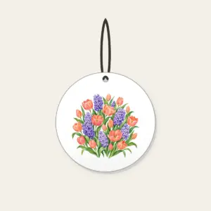 Tulip and Hyacinth Beds Ceramic Ornament in white: Painterly flower beds of tulips and hyacinths in coral, violet and green on pale cream.