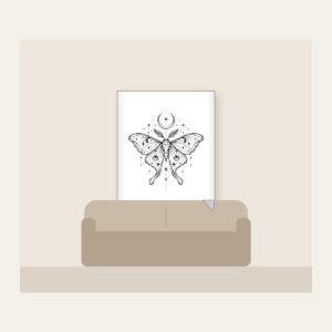 Moth, Stars and Crescent Moon Linework Fleece Blanket in white: A fine-line moth rests among tiny stars and a crescent moon in black.