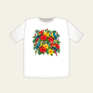 Parrots Among Red Hibiscus T-Shirt in white: Parrots perch among hibiscus flowers in red, green and yellow.