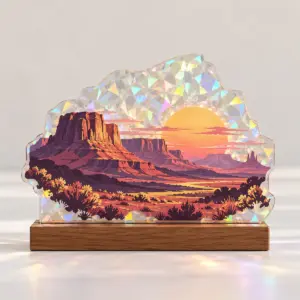 Sunset Mesa Hologram Plaque with a layered mesa landscape with a setting sun in coral, plum and gold