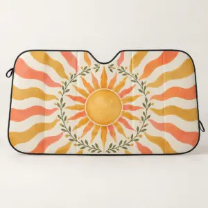 Radiant Sun Car Sunshade with a large radiant sun with alternating gold and coral rays and a ring of small leaves
