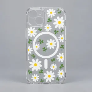 Daisy Meadow Clear Phone Case with flat printed illustration of daisies and clover leaves in white, yellow and green on clear acrylic