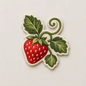 Wild Strawberry Embroidered Patch with embroidery with a strawberry, three small leaves and a curling vine in red, green and cream, merrowed-look edge