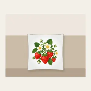 Strawberry Cluster with Blossoms Pillow in white: A cluster of ripe strawberries with white blossoms and tiny leaves in red, green and cream.