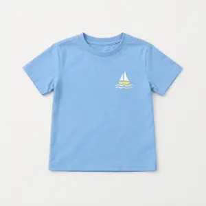 Sailboat Pond Youth Tee with small chest print of a sailboat on three ripple lines in white and yellow